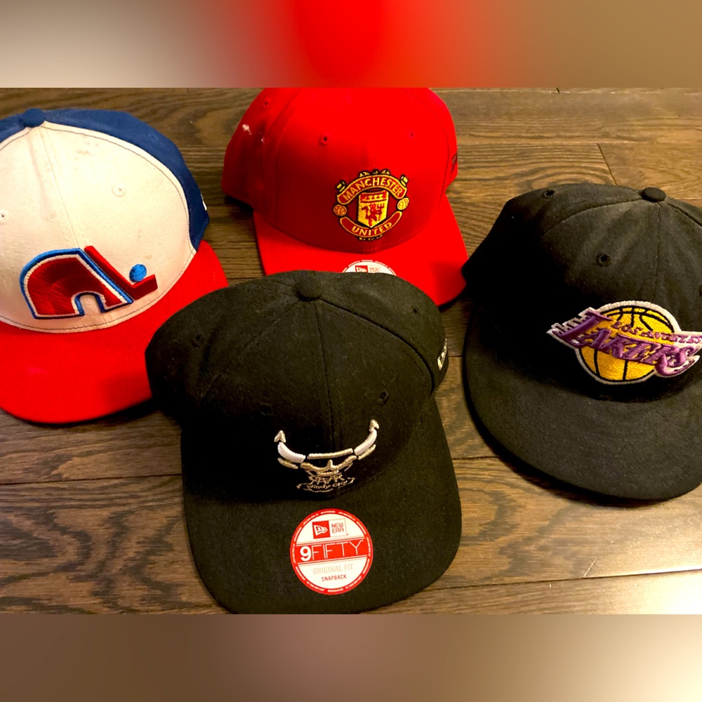 3 snapbacks and 1 hat 7 and 3/8